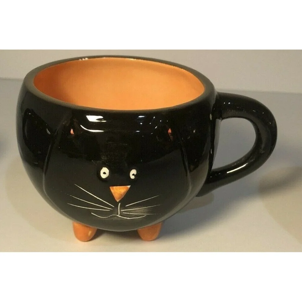 Halloween Black Cat Ghost Ceramic Mug Footed Cauldron Coffee Cup Orange Black